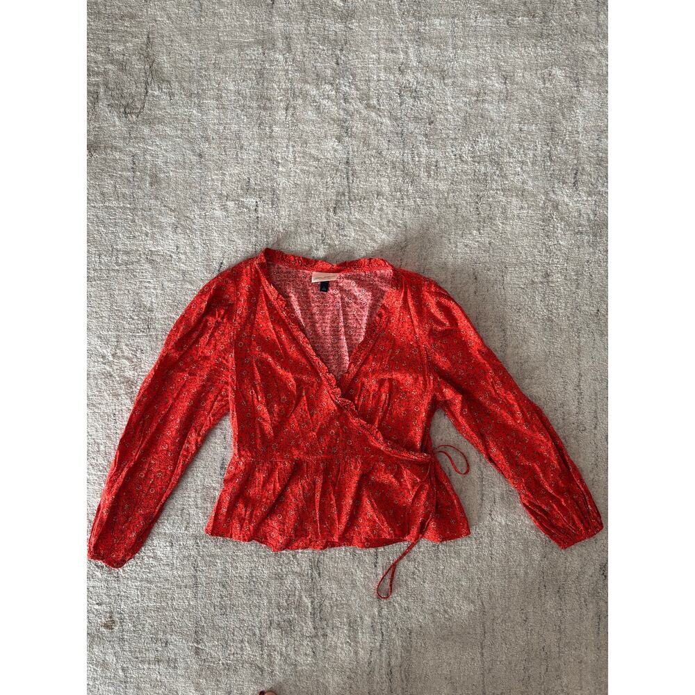 Universal Thread Red Floral Wrap Blouse Womens Large Long Sleeve Tie Waist - Picture 7 of 10